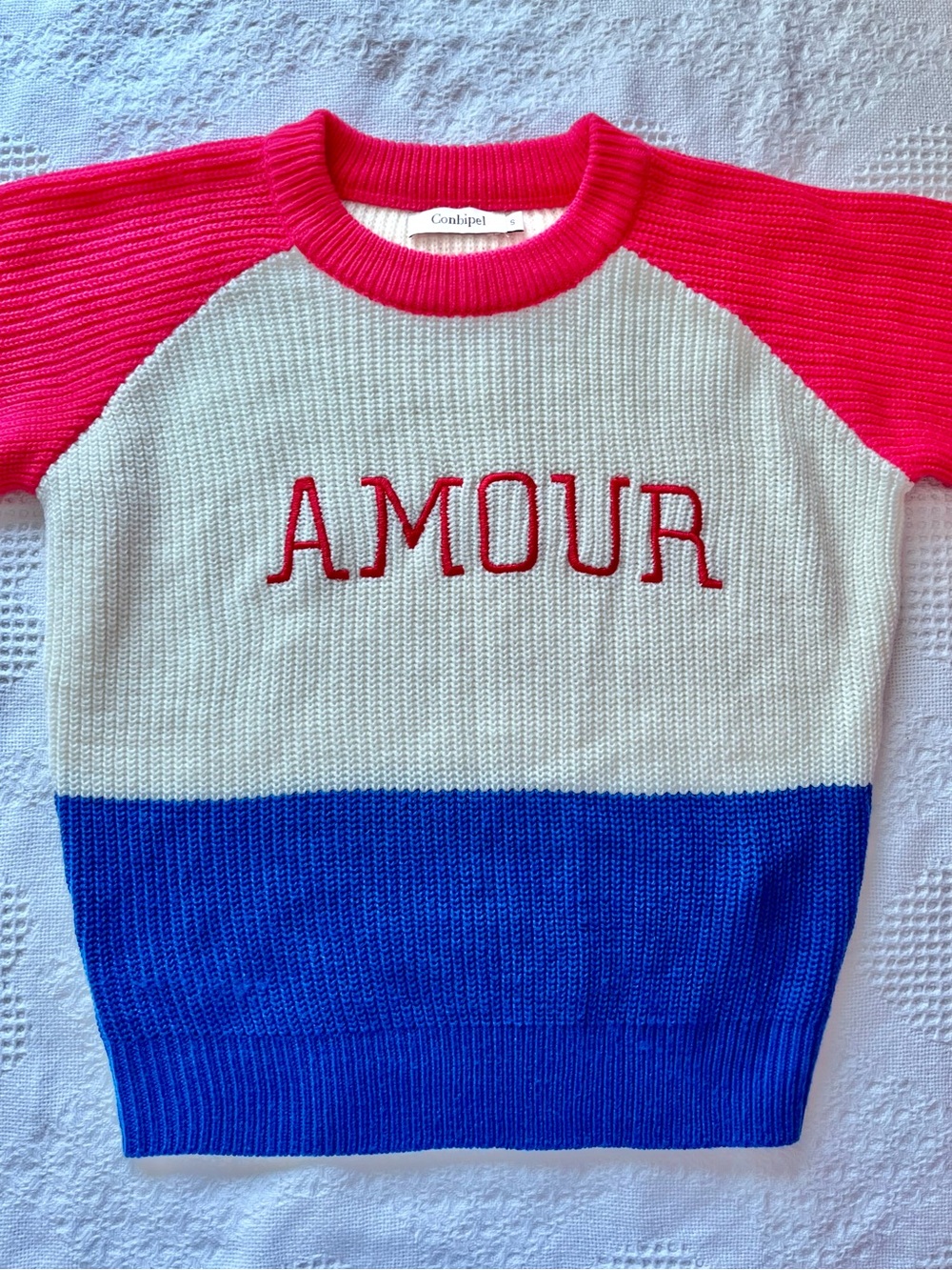 Amour Colorblock Crewneck Sweater in Red/Pink, Cream & Blue from Conbipel Italy